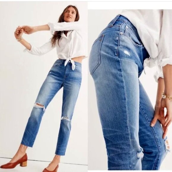 Madewell Denim - Madewell the high rise slim crop boyjean knee rip edition